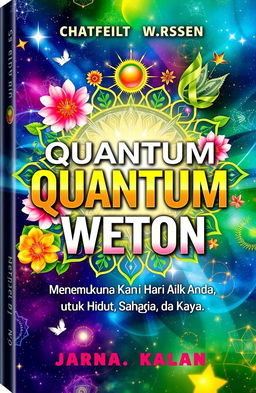 A vibrant and engaging book cover for the title 'Quantum Weton: Menemukan Kunci Hari Baik Anda untuk Hidup Sehat, Bahagia, dan Kaya'
