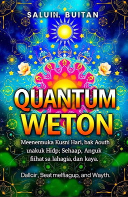 A vibrant and engaging book cover for the title 'Quantum Weton: Menemukan Kunci Hari Baik Anda untuk Hidup Sehat, Bahagia, dan Kaya'