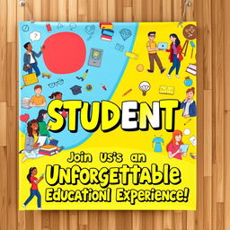 A vibrant and eye-catching student advertising banner, showcasing a creative design that includes bright colors and dynamic typography