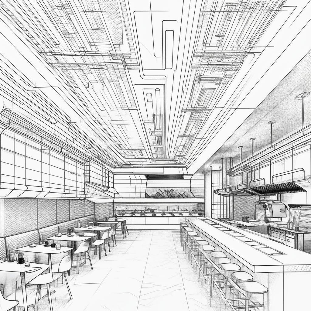 Sketch-style interior illustration of a large, futuristic restaurant. The design features light colors, contributing to a clean and modern aesthetic.