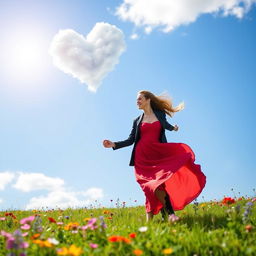 A couple joyfully dancing together under a heart-shaped cloud in a vibrant blue sky