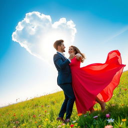 A couple joyfully dancing together under a heart-shaped cloud in a vibrant blue sky