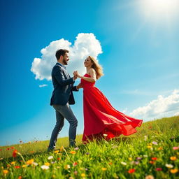 A couple joyfully dancing together under a heart-shaped cloud in a vibrant blue sky