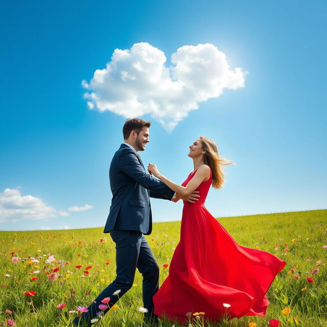 A couple joyfully dancing together under a heart-shaped cloud in a vibrant blue sky