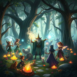 A fantastical scene featuring a diverse group of magical beings gathered together in an enchanting forest