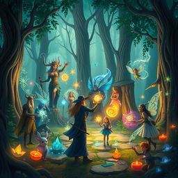 A fantastical scene featuring a diverse group of magical beings gathered together in an enchanting forest
