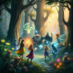 A fantastical scene featuring a diverse group of magical beings gathered together in an enchanting forest