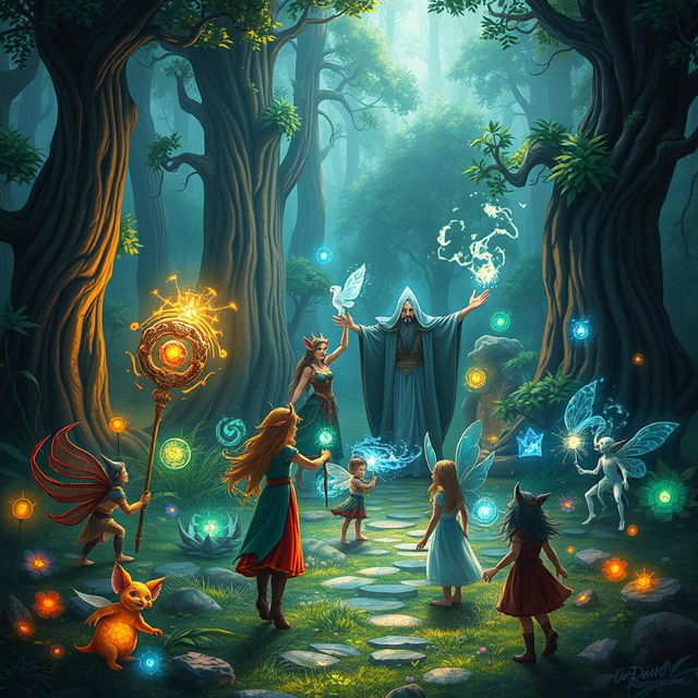 A fantastical scene featuring a diverse group of magical beings gathered together in an enchanting forest