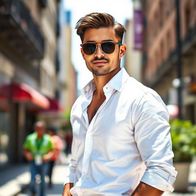 A stylish man standing confidently, wearing sleek sunglasses and a crisp white shirt