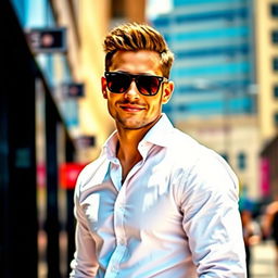 A stylish man standing confidently, wearing sleek sunglasses and a crisp white shirt
