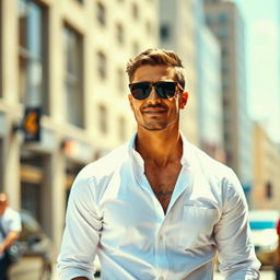 A stylish man standing confidently, wearing sleek sunglasses and a crisp white shirt