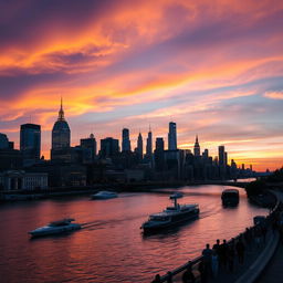 A vibrant city skyline at sunset, showing a blend of modern skyscrapers and historic buildings with their lights starting to twinkle