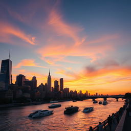 A vibrant city skyline at sunset, showing a blend of modern skyscrapers and historic buildings with their lights starting to twinkle