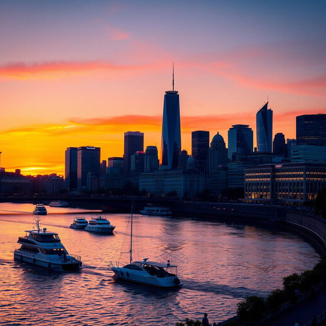 A vibrant city skyline at sunset, showing a blend of modern skyscrapers and historic buildings with their lights starting to twinkle