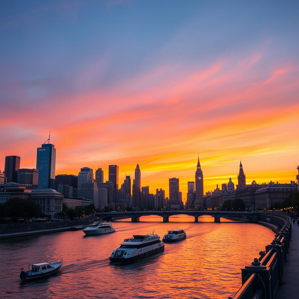 A vibrant city skyline at sunset, showing a blend of modern skyscrapers and historic buildings with their lights starting to twinkle