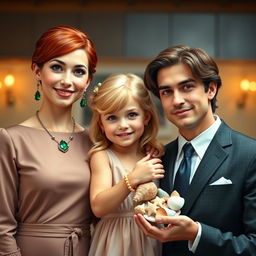 A heartwarming family portrait featuring three members: Esme, a 26-year-old mother with striking red hair, dressed elegantly in a classy outfit, showcasing a beautiful necklace that ends in a single emerald stone