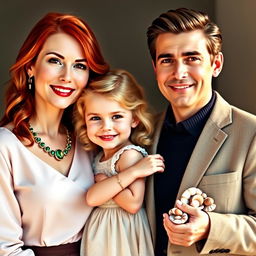 A heartwarming family portrait featuring three members: Esme, a 26-year-old mother with striking red hair, dressed elegantly in a classy outfit, showcasing a beautiful necklace that ends in a single emerald stone