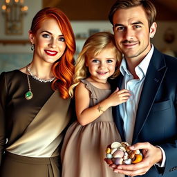 A heartwarming family portrait featuring three members: Esme, a 26-year-old mother with striking red hair, dressed elegantly in a classy outfit, showcasing a beautiful necklace that ends in a single emerald stone