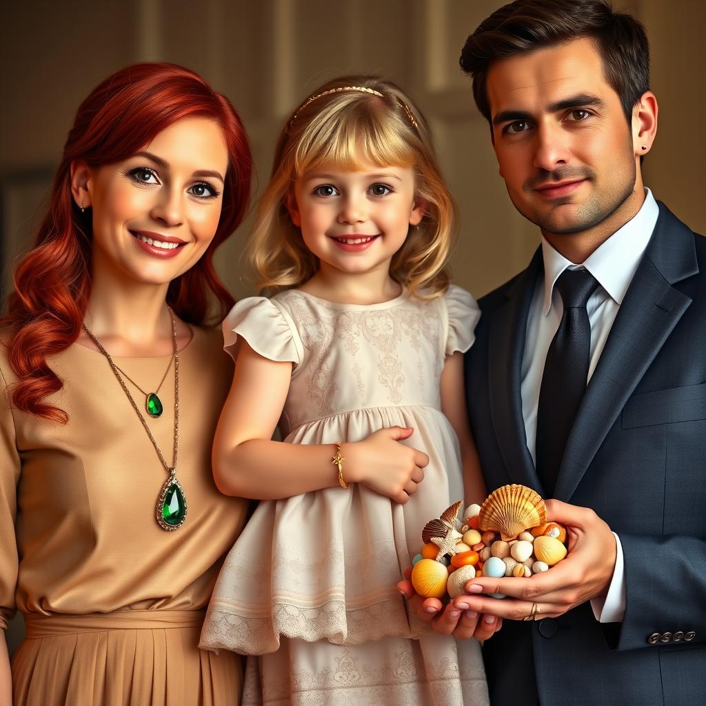 A heartwarming family portrait featuring three members: Esme, a 26-year-old mother with striking red hair, dressed elegantly in a classy outfit, showcasing a beautiful necklace that ends in a single emerald stone