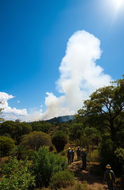 A scenic view of forest management in the southwest region of Madagascar, focusing on firefighting efforts, with lush green trees and smoke rising from a controlled burn