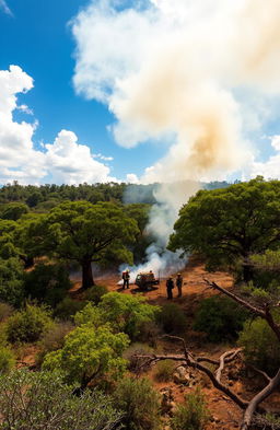A scenic view of forest management in the southwest region of Madagascar, focusing on firefighting efforts, with lush green trees and smoke rising from a controlled burn