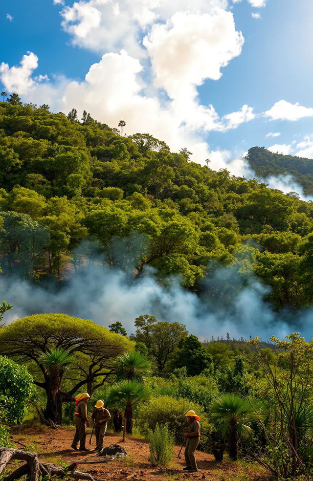 A scenic view of forest management in the southwest region of Madagascar, focusing on firefighting efforts, with lush green trees and smoke rising from a controlled burn