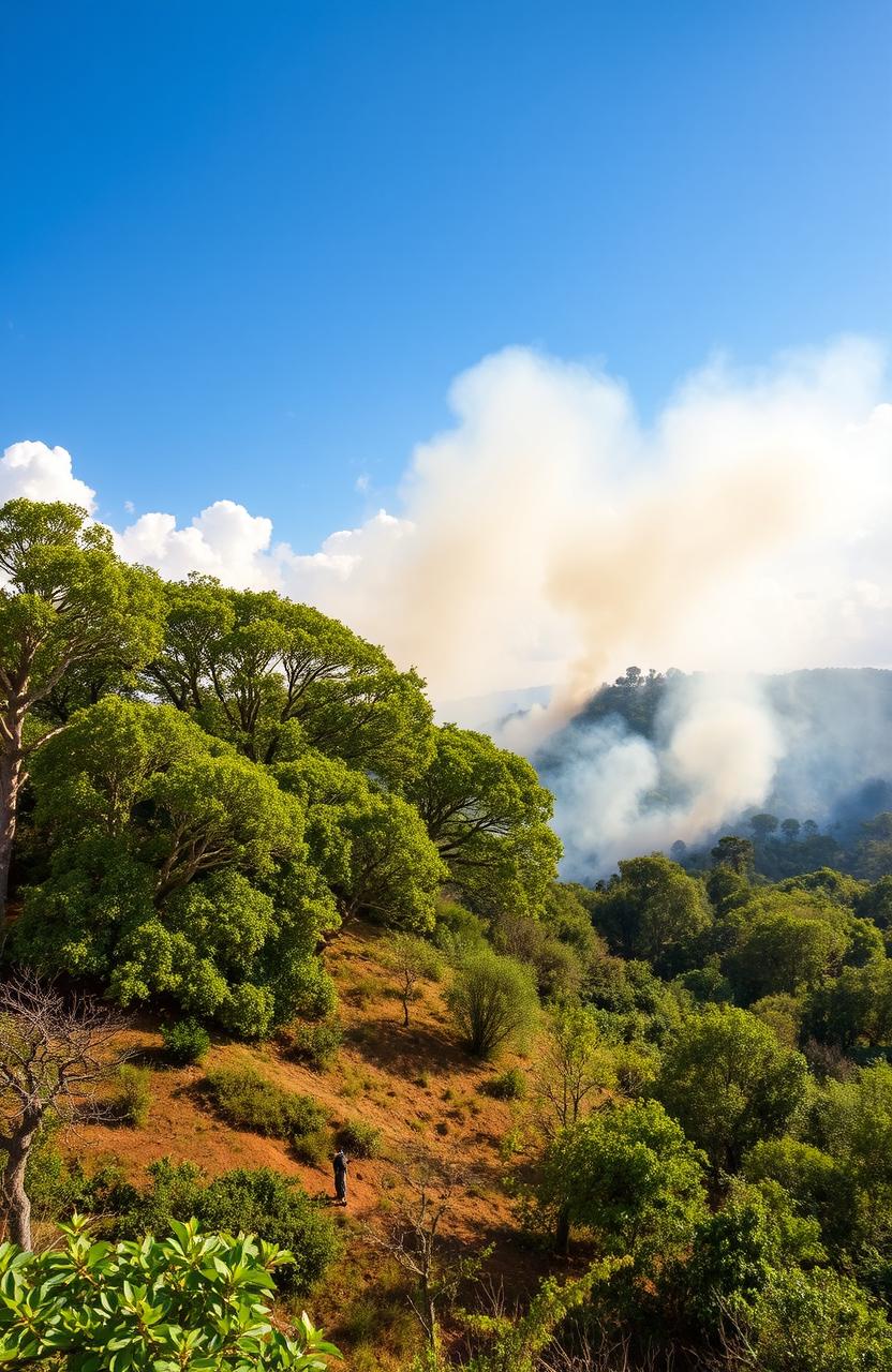 A scenic view of forest management in the southwest region of Madagascar, focusing on firefighting efforts, with lush green trees and smoke rising from a controlled burn