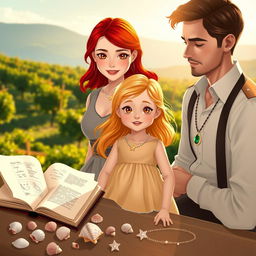 A heartwarming scene depicting a family of three: Esme, a 26-year-old mother with vibrant red hair, dressed in a classy outfit featuring a necklace that ends with a single emerald stone