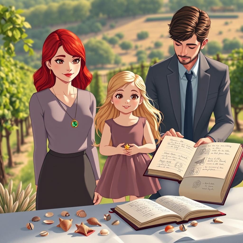 A heartwarming scene depicting a family of three: Esme, a 26-year-old mother with vibrant red hair, dressed in a classy outfit featuring a necklace that ends with a single emerald stone