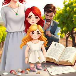 A heartwarming scene depicting a family of three: Esme, a 26-year-old mother with vibrant red hair, dressed in a classy outfit featuring a necklace that ends with a single emerald stone