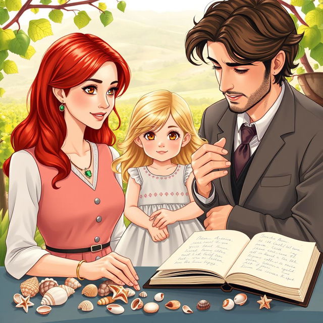 A heartwarming scene depicting a family of three: Esme, a 26-year-old mother with vibrant red hair, dressed in a classy outfit featuring a necklace that ends with a single emerald stone