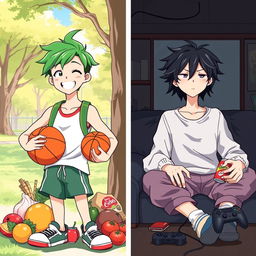 An anime-style illustration depicting two teenagers side by side, contrasting their lifestyles