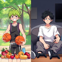 An anime-style illustration depicting two teenagers side by side, contrasting their lifestyles