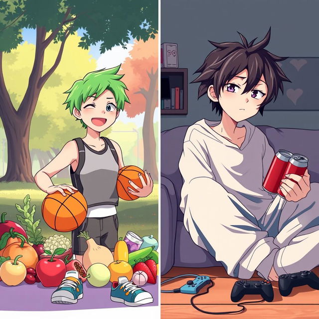 An anime-style illustration depicting two teenagers side by side, contrasting their lifestyles