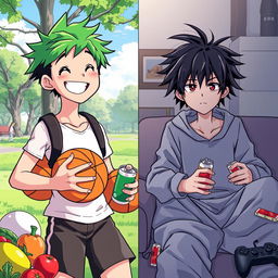 An anime-style illustration depicting two teenagers side by side, contrasting their lifestyles