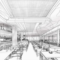 Sketch-style interior illustration of a large, futuristic restaurant. The design features light colors, contributing to a clean and modern aesthetic.