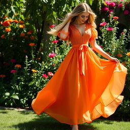 A beautifully designed orange dress with elegant flowing fabric that dances gently in the breeze
