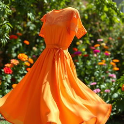 A beautifully designed orange dress with elegant flowing fabric that dances gently in the breeze