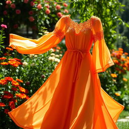 A beautifully designed orange dress with elegant flowing fabric that dances gently in the breeze