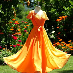 A beautifully designed orange dress with elegant flowing fabric that dances gently in the breeze
