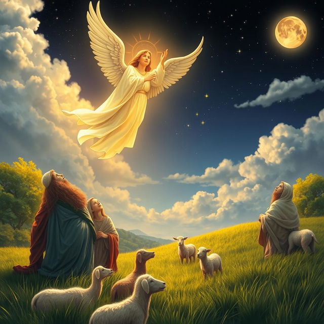 A serene and awe-inspiring scene depicting shepherds in a lush, green pastoral setting, gazing up with astonished expressions as a radiant, golden light envelops them