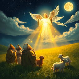 A serene and awe-inspiring scene depicting shepherds in a lush, green pastoral setting, gazing up with astonished expressions as a radiant, golden light envelops them