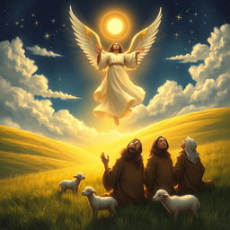 A serene and awe-inspiring scene depicting shepherds in a lush, green pastoral setting, gazing up with astonished expressions as a radiant, golden light envelops them