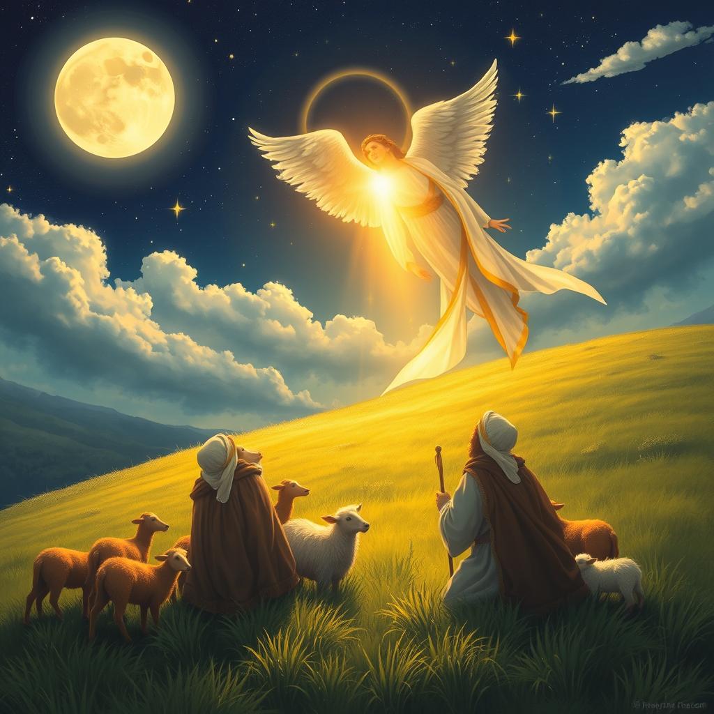 A serene and awe-inspiring scene depicting shepherds in a lush, green pastoral setting, gazing up with astonished expressions as a radiant, golden light envelops them