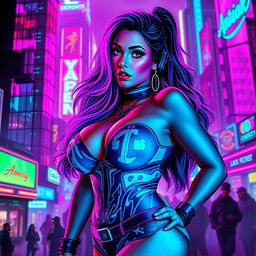 A sexy, curvy, beautiful woman in a cyberpunk style, surrounded by vibrant pink and blue neon lights