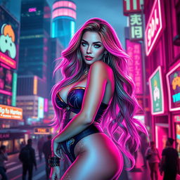 A sexy, curvy, beautiful woman in a cyberpunk style, surrounded by vibrant pink and blue neon lights