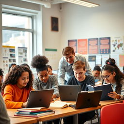 A group of diverse students engaged in studying in a bright, modern classroom