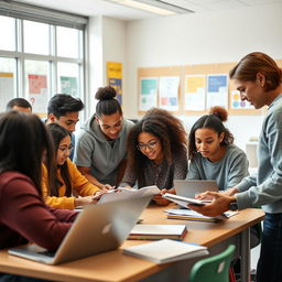 A group of diverse students engaged in studying in a bright, modern classroom