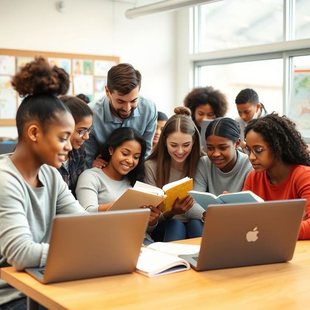 A group of diverse students engaged in studying in a bright, modern classroom