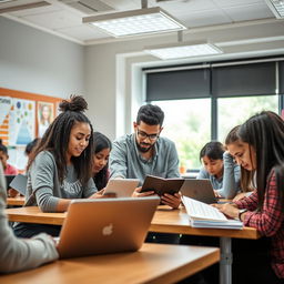 A group of diverse students engaged in studying in a bright, modern classroom
